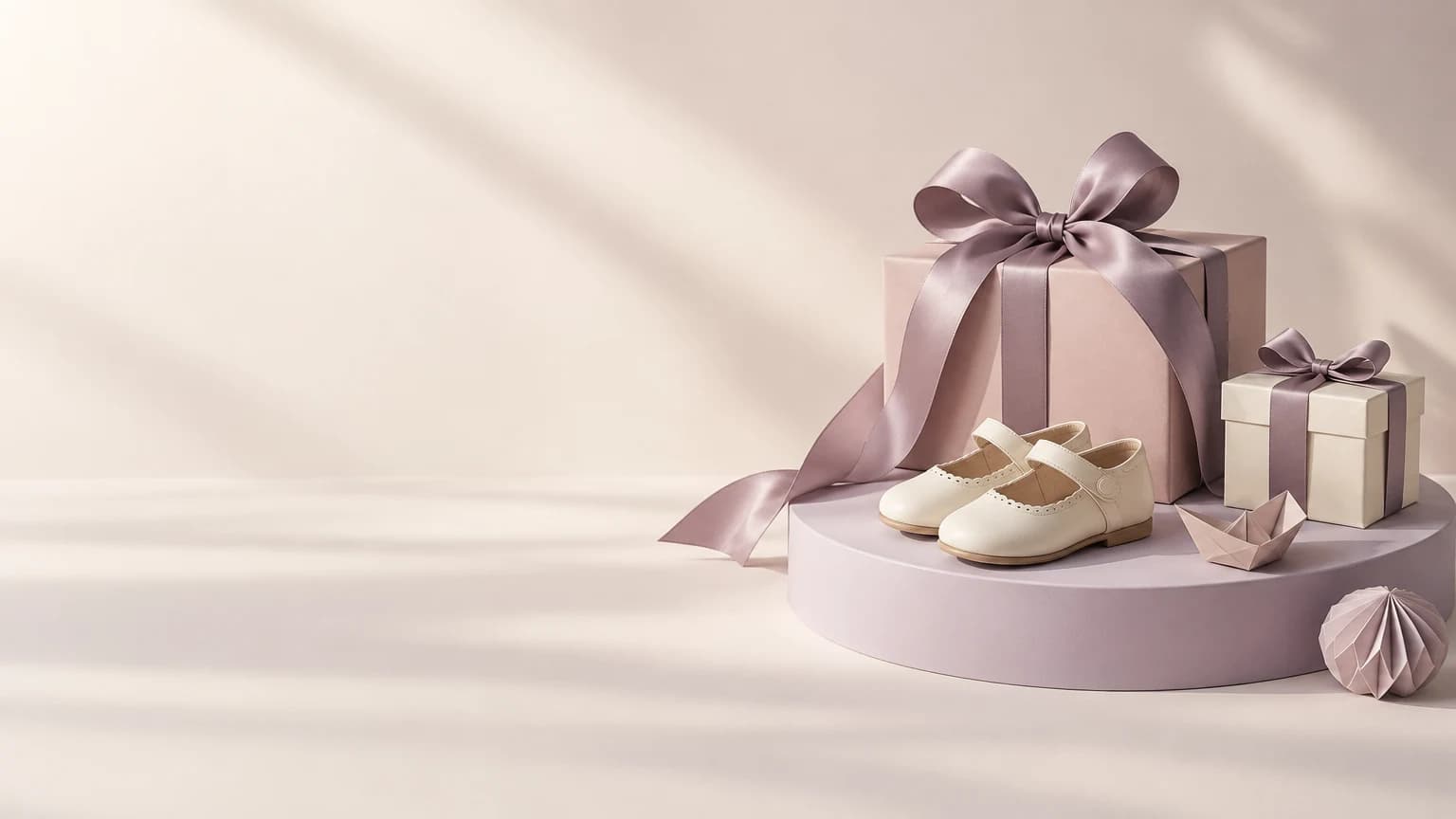 Lilac ribbon gift boxes and children's shoes in a sunlit studio